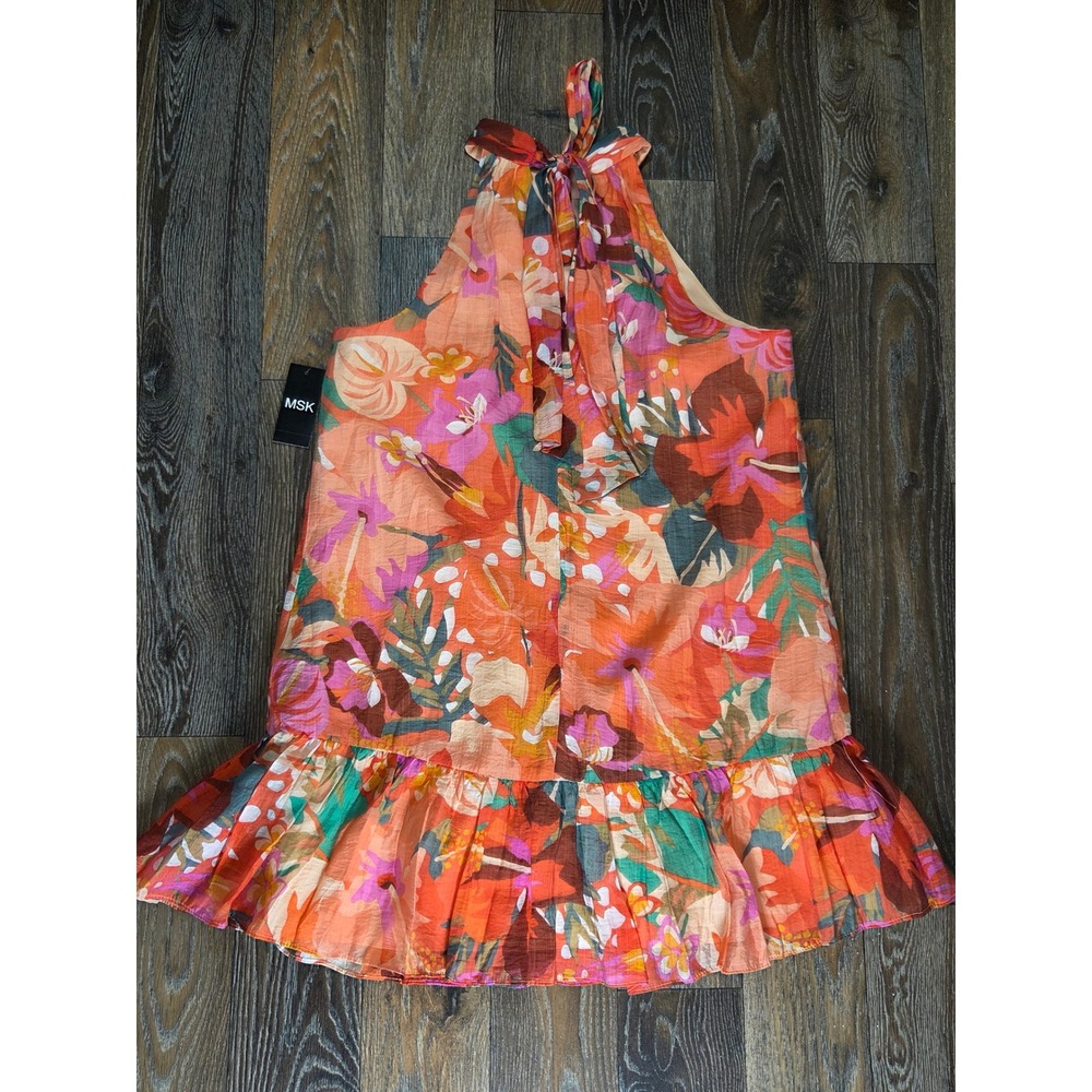 MSK Women Orange Tropical Floral Halter Mini Dress Tiered Ruffle Hem Large NEW - Picture 5 of 5